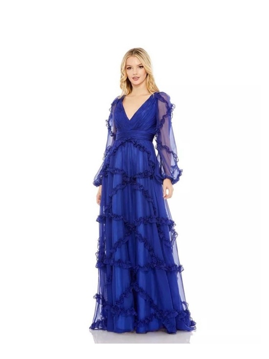 Mac Duggal Dresses & Skirts - Mac Duggal Sapphire Blue Cascade Ruffle Puff Sleeve A Line Gown Size 4